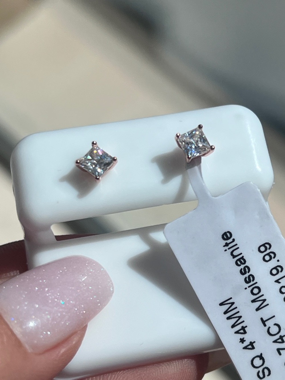 .74CT Rose Gold Princess Cut Moissanite Stud Earrings